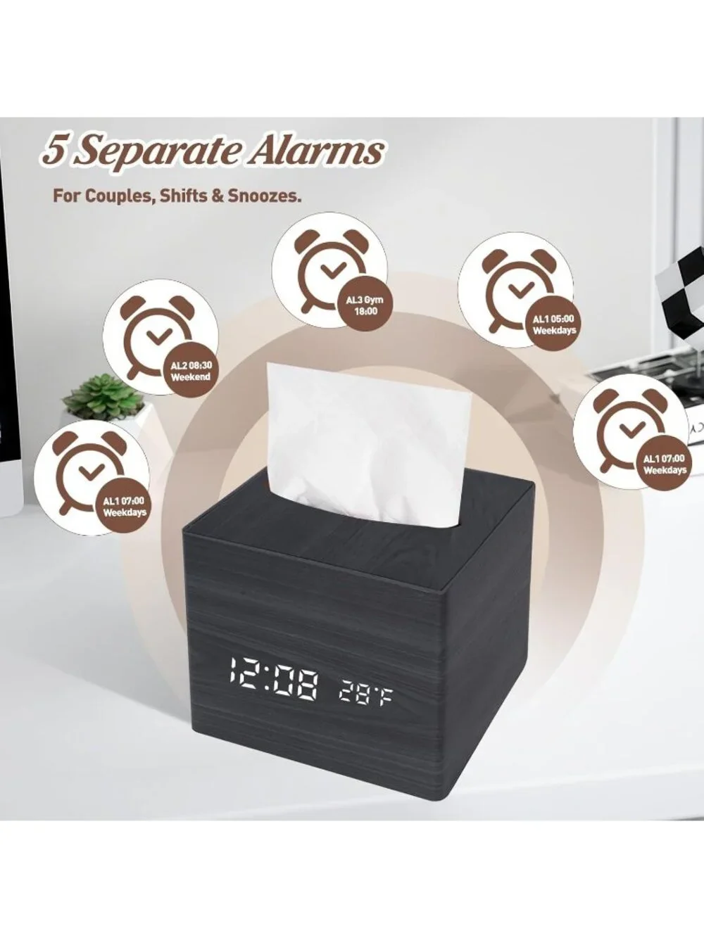 Home Black Digital Cordless Alarm Temperature Display Wooden Tissue Box Clock